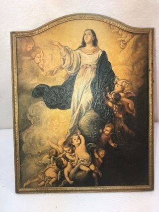 Vtg 1930 - 40’s? Madonna Mother Mary Heaven Cherubs Angels Print Framed