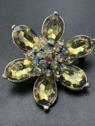 Vintage Jewelry Green Stone Aurora Borealis Rhinestone Flower Brooch Pin