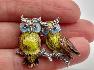 Vintage Alice Caviness Sterling Silver Enamel Colorful Rhinestone Owls Brooch