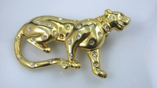Vintage Rhinestone Leopard Panther Big Cat Brooch Pin Gold Tone Metal Collar