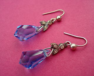 Pretty Art Deco Blue Crystal Drop Earrings & Paste Studded Leaves Vintage C1930s