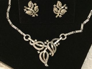 Trifari Necklace Earrings Set Vintage Rhinestone Flower Leaves Silvertone Swirl
