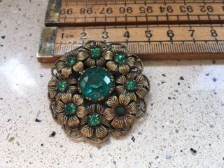 Vintage Brooch,  Vintage Filigree Brooch With Green Glass Stones