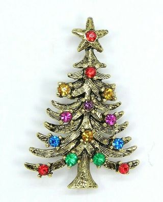 Vintage Eisenberg Ice Christmas Tree Pin Brooch Bright Prong Set Rhinestones