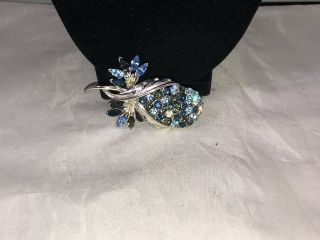 Vtg.  Coro Pegasus Blue Navette & Clear Rhinestone Flower Brooch