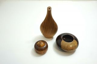 3 Vintage Carved Burl Wood Items - 1 Signed Trinket Box,  Vase,  Ball Sculpture