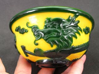 Chinese Dragon Carved Peking Overlay Glass Bowl 2