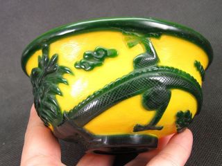 Chinese Dragon Carved Peking Overlay Glass Bowl 3