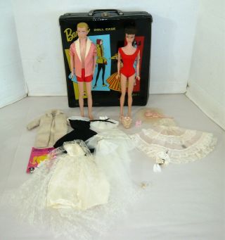 Vintage 7 Brunette Ponytail Barbie & Ken Dolls W/clothes & Case