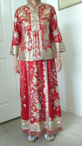 Antique Vintage Chinese Embroid Dragon Phoenix Silk 2 Pc Wedding Dress Costume M