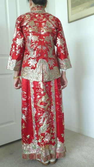 Antique Vintage Chinese Embroid Dragon Phoenix Silk 2 pc Wedding Dress Costume M 2