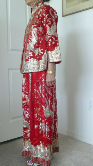 Antique Vintage Chinese Embroid Dragon Phoenix Silk 2 pc Wedding Dress Costume M 3