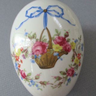 Vintage French Limoges Porcelain Egg Shape Trinket Box Basket Of Roses Blue Bow