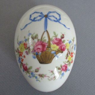 Vintage French LIMOGES Porcelain EGG Shape Trinket Box BASKET of ROSES Blue BOW 2