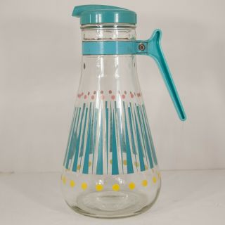 Vtg 1950s Ez Por Glass Juice Pitcher Carafe - Aqua Blue W/ Stripes And Dots