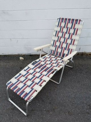 Vintage Aluminum Folding Lawn Chaise Lounge Chair Webbing Patio Blue Red & White
