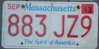 Massachusetts The Spirit Of America 2013 License Plate 883 Jz 9