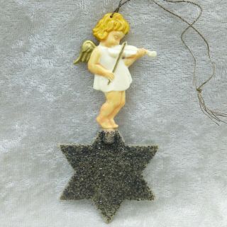 Vintage Hard Plastic Angel On Star Christmas Ornament Mica Glitter Germany
