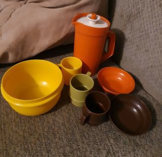 Vintage Tupperware Child Toys Mini Harvest Serve Pitcher,  Mug,  Bowls Set.