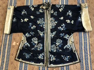 Antique Chinese Blue Silk Embroidered Robe Butterflies Florals Forbidden Stitch