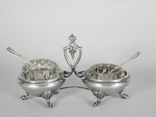 Fine 19th C.  French.  950 Silver Double Master Salt Dish / Cellar W/ Spoons