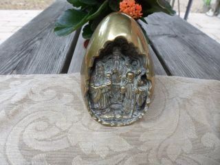 A Bronze Carving In The Form Of A Ostrich Egg Priests Etc Within A Temple Signed