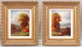 Pair 19thc Antique Charles Phelan Autumn Landscape Impressionist Oil Paintings