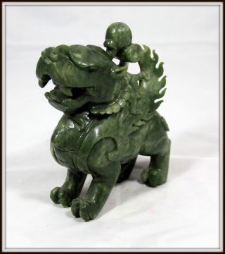 Detail " Hand Carved Chinese Green Jade Winged Foo Dog " (6.  5 " H X 2 " W)