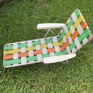 Vintage Aluminum Kids Size Webbed Folding Chaise Lounge Lawn Chair Green Orange