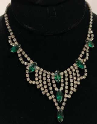 Vintage Art Deco Mid Century Pronged Rhinestones Marquise Emerald Bib Necklace