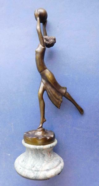 Art Deco Style Bronze Lady Statue On Marble Stand