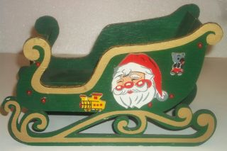 Vtg Green Wooden Folding Christmas Santa Sleigh Face Train Bear Japan