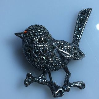 925 Sterling Silver - Vintage Marcasite Bird Brooch Pin Red Stone Eye 1 1/4” Tall