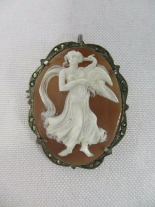 Antique 800 Silver Carved Cameo Pendant Brooch Leda And The Swan Marcasite Edge