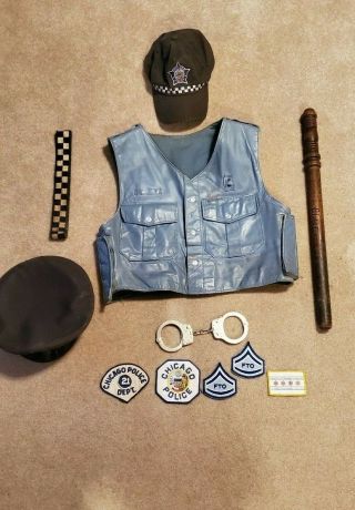 Vintage Chicago Police Baton,  Vest,  Hat,  Patches