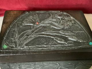 Unusual Old Wooden Box Arts And Crafts Style With Pewter Panels & Colour Stones