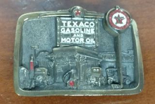 Vintage Brass Belt Buckle " Texaco Gasoline & Motor Oil " Gas Station Petroliana