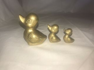 3 Vintage Brass Duck Figurines Mother And 2 Ducklings