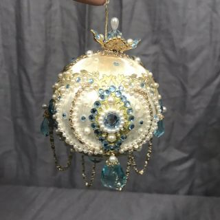 Vintage 60s/70s Satin Blue Gold Pearl Beaded Christmas Ornament