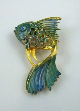 Vintage Exotic Fish Figural Brooch Pin Blue Enamel Rhinestone Eye Gold Tone