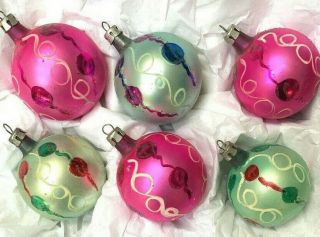 Vintage Set Of 6 Mercury Glass Christmas Tree Ornaments Hot Pink & Green 1.  75”