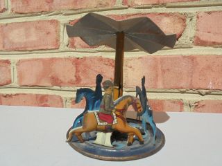 Antique German Tin Litho Penny Toy Carousel W Horses Children