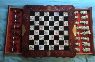 Vintage Chinese Chess Set In Folding Wooden Case Portable Game Artistic Design