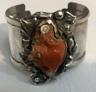 Vintage Native American Silver & Coral Cuff Bracelet - Unsigned