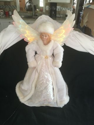 Vintage Angel 16 " Christmas Tree Topper.  Fiber Optics.  White Dress & Wings