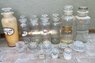 Vtg Antique Glass Chemist Pharmacist Apothecary Bottles Jars Labels Lids