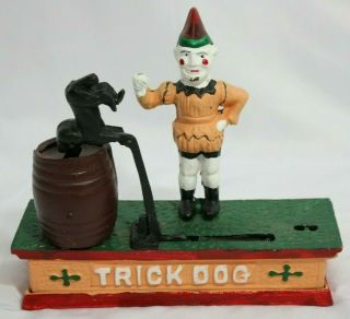 Vintage Cast Iron Trick Dog Circus Clown Mechanical Coin Bank Metal Toy