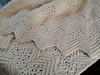 Vintage Crocheted Afghan Blanket Throw Cream Chevron 53x88