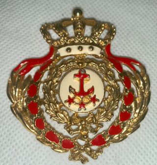 Vintage Royal Crown Brooch Pin Large Gold Metal Red Enamel Anchor Nautical 3 "