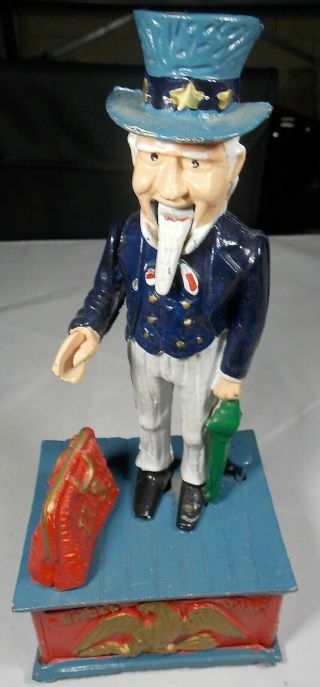 Vintage Uncle Sam Cast Iron Mechanical Bank Great Hand To Back Beard Moves